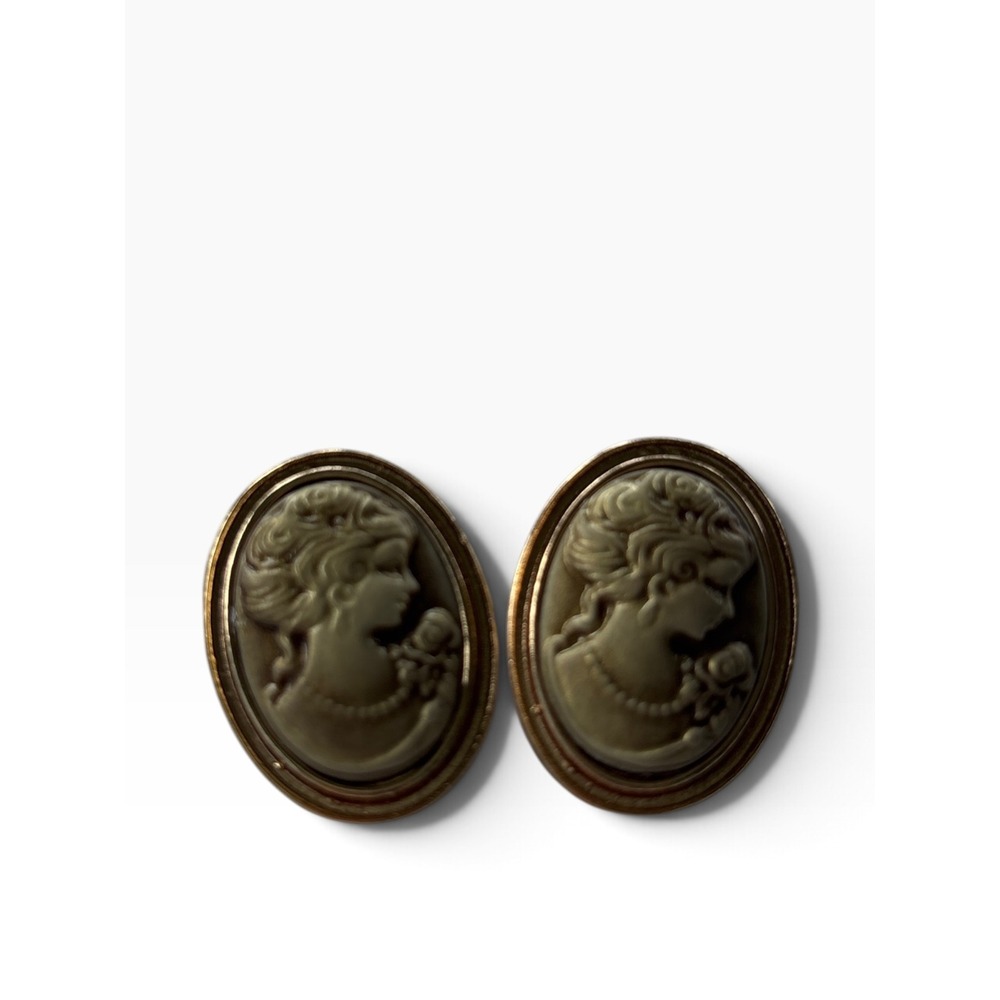 Vintage 1980s Cameo Earrings Bronze Victorian Revival Oval Studs Coquette